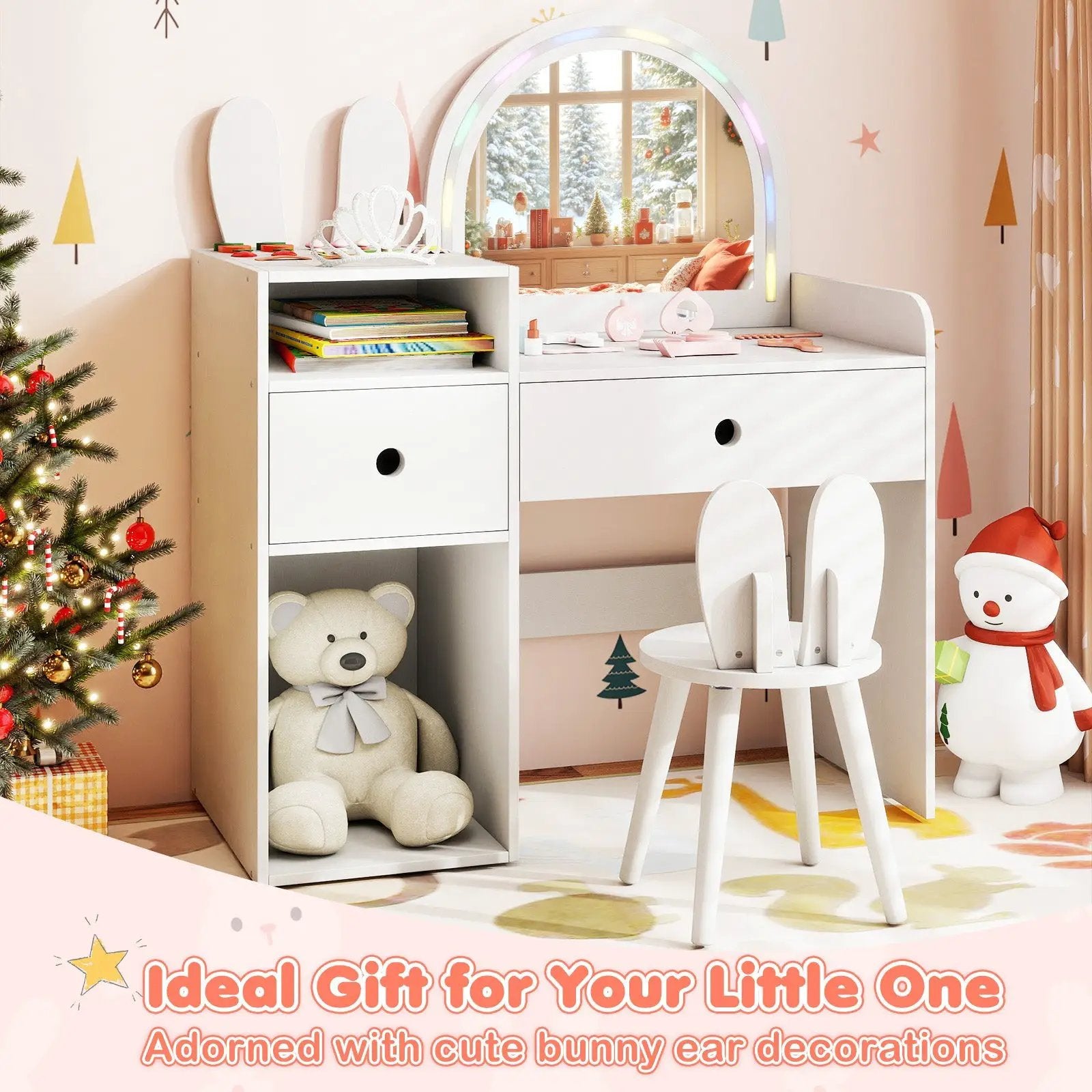 Kids Vanity Desk and Chair Set with Lights Open Shelves by DirectDeals