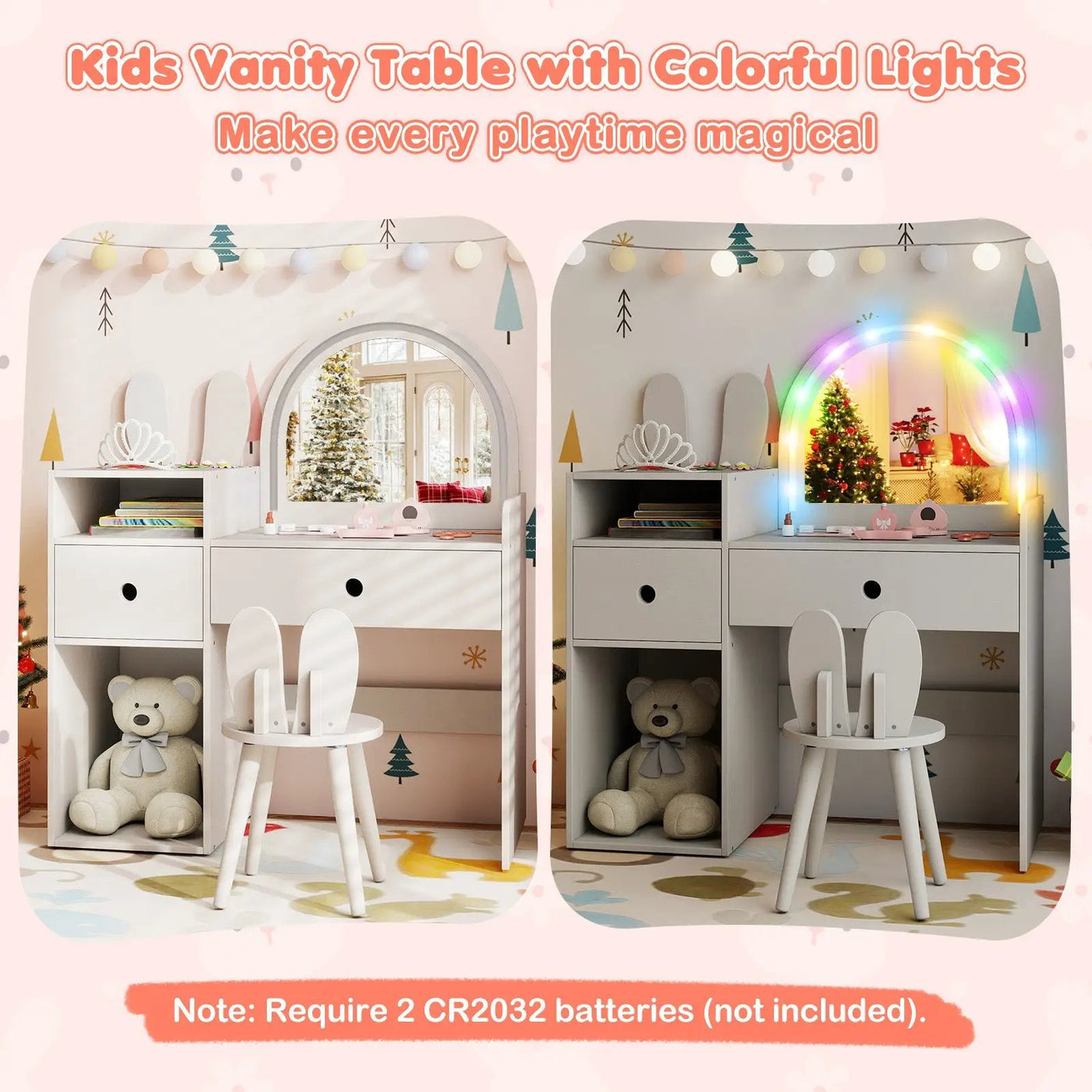 Kids Vanity Desk and Chair Set with Lights Open Shelves by DirectDeals