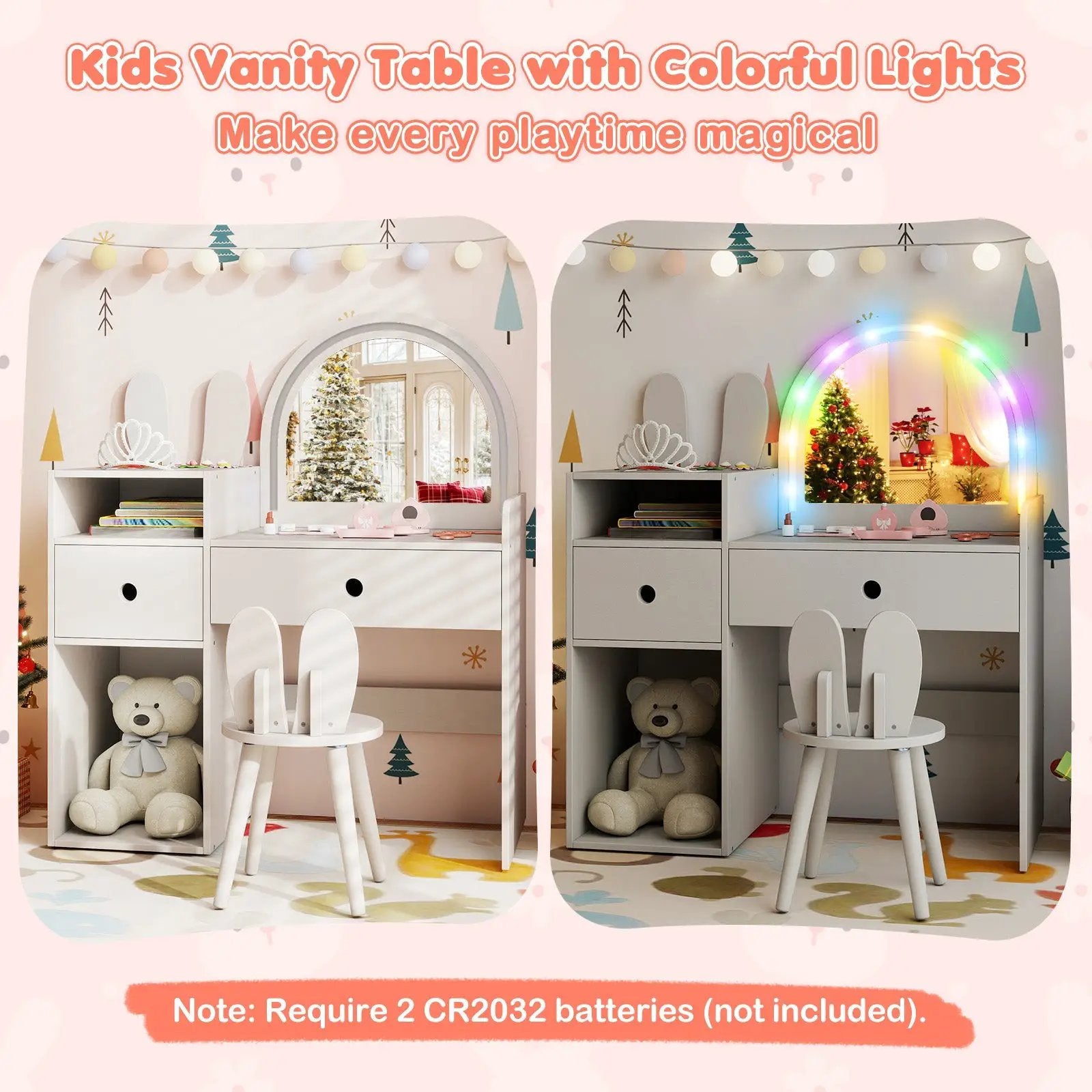 Kids Vanity Desk and Chair Set with Lights Open Shelves by DirectDeals