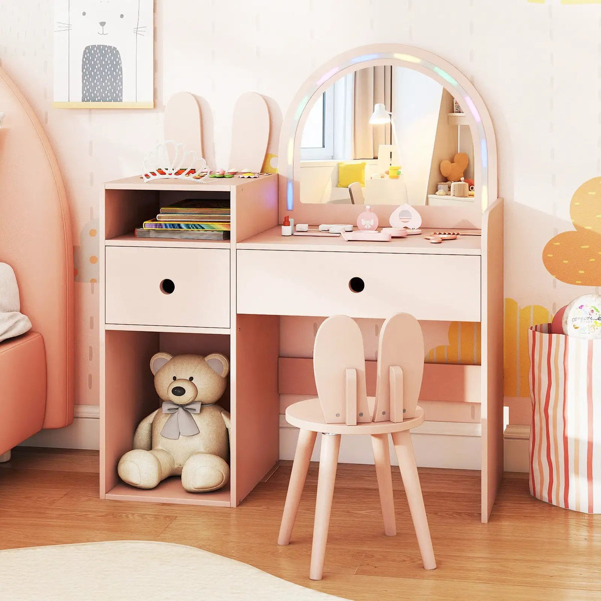 Kids Vanity Desk and Chair Set with Lights Open Shelves by DirectDeals