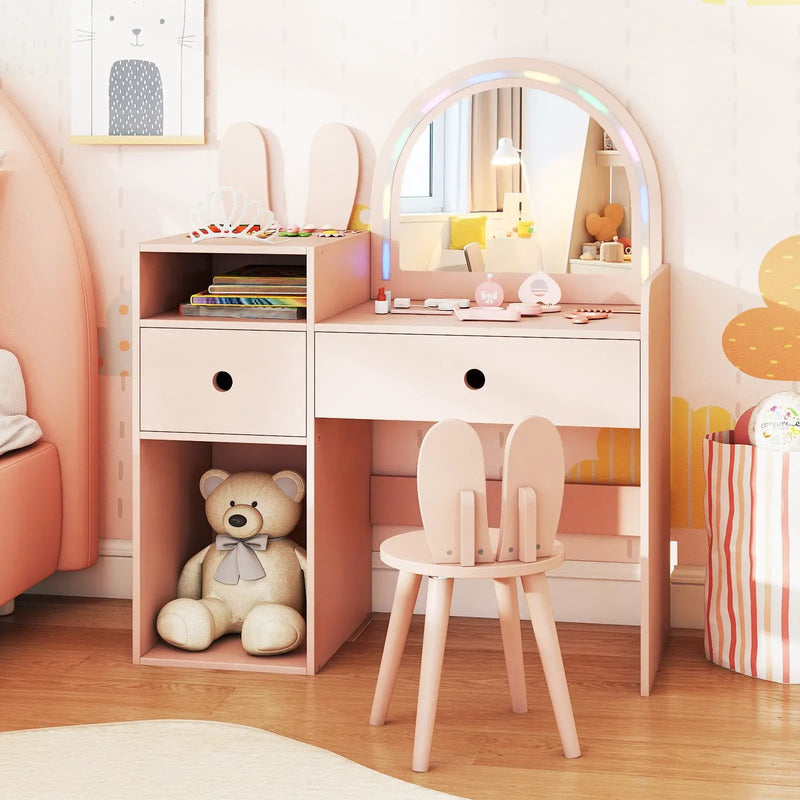 Kids Vanity Desk and Chair Set with Lights Open Shelves by DirectDeals