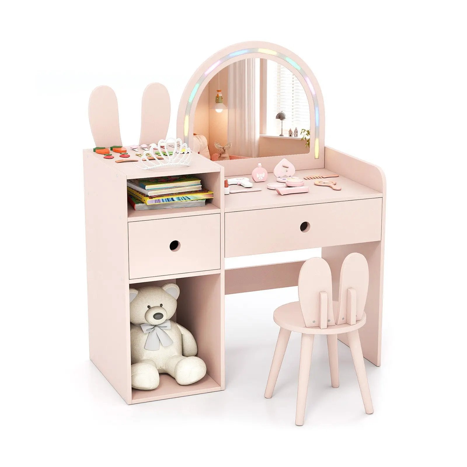 Kids Vanity Desk and Chair Set with Lights Open Shelves by DirectDeals