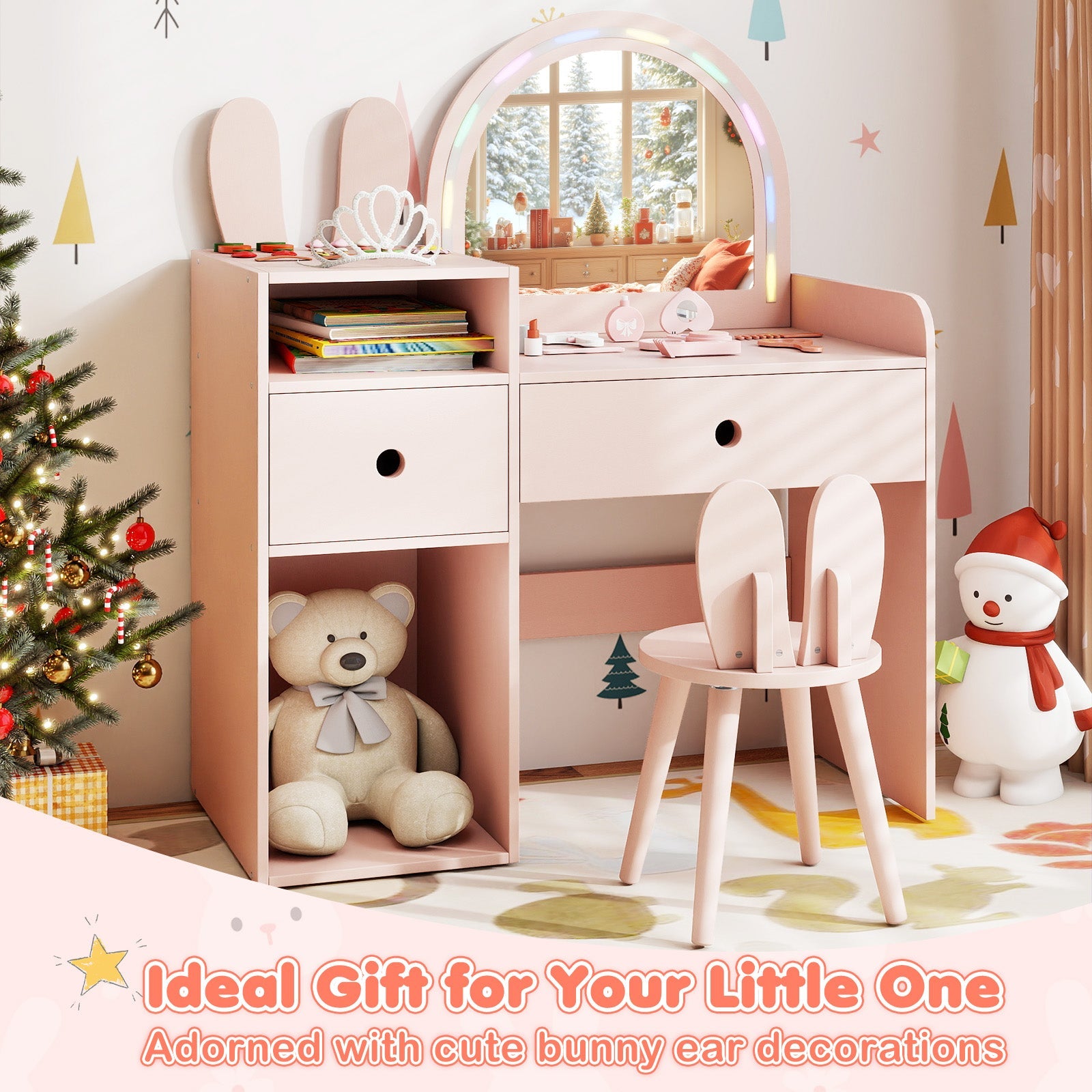 Kids Vanity Desk and Chair Set with Lights Open Shelves by DirectDeals
