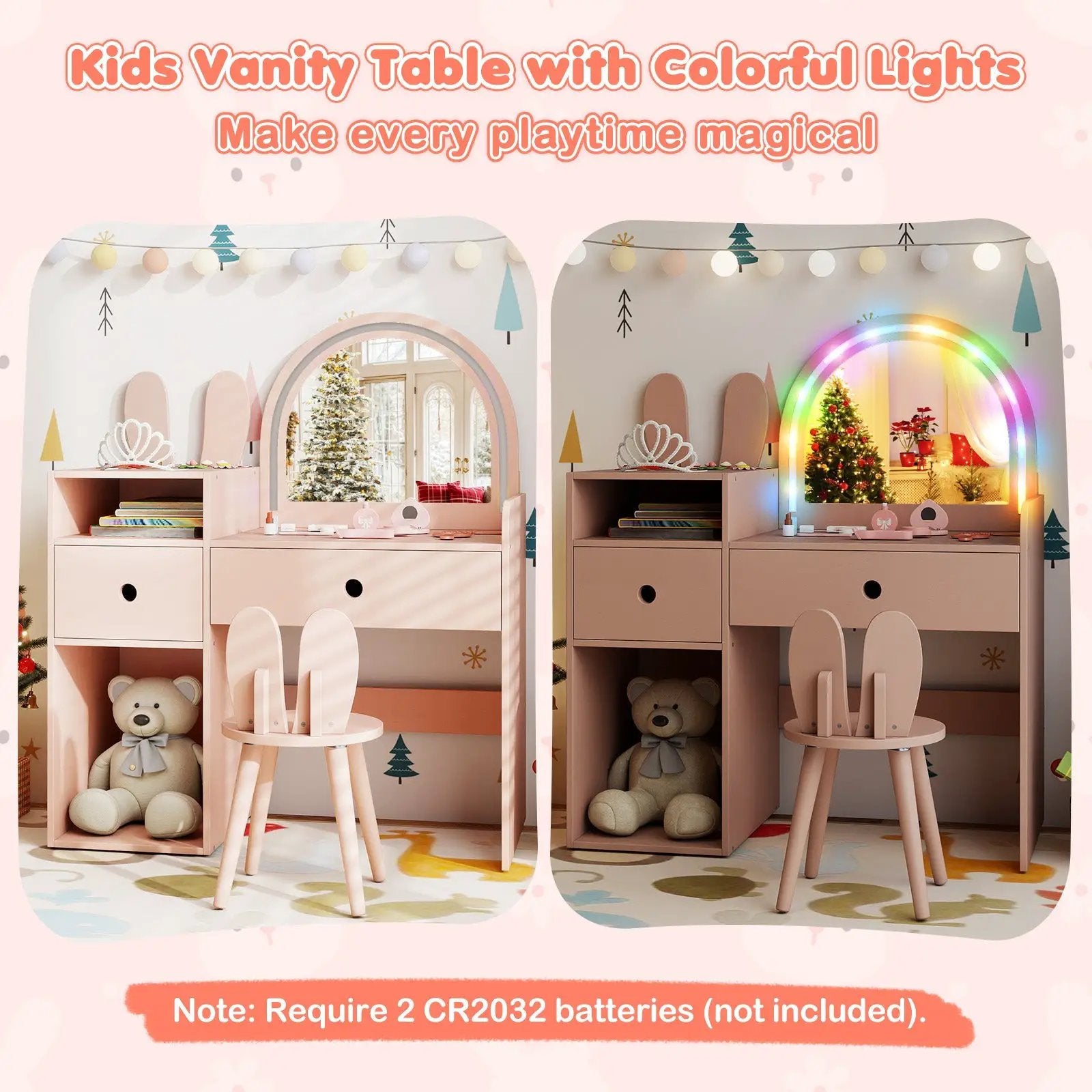 Kids Vanity Desk and Chair Set with Lights Open Shelves by DirectDeals