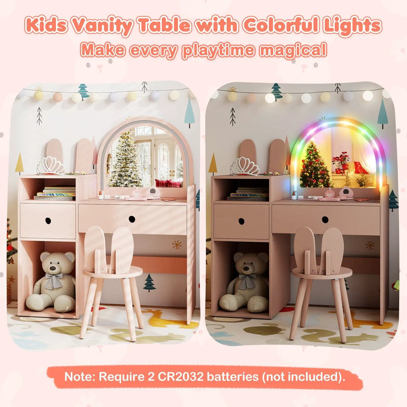 Kids Vanity Desk and Chair Set with Lights Open Shelves by DirectDeals
