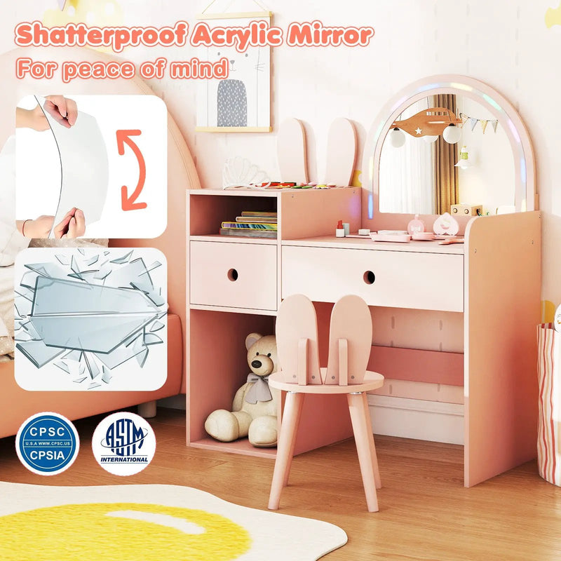Kids Vanity Desk and Chair Set with Lights Open Shelves by DirectDeals