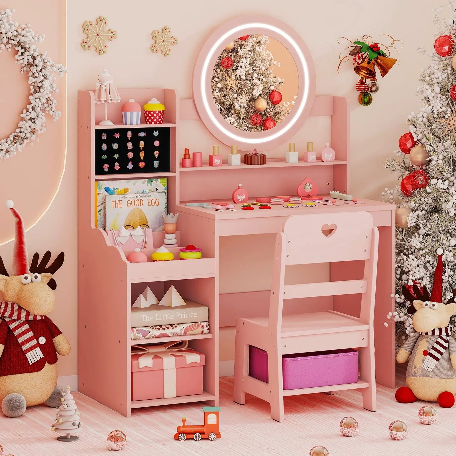 Kids Vanity Desk with Mirror and Lights Princess Pretend Play Dressing Table and Chair Set by DirectDeals