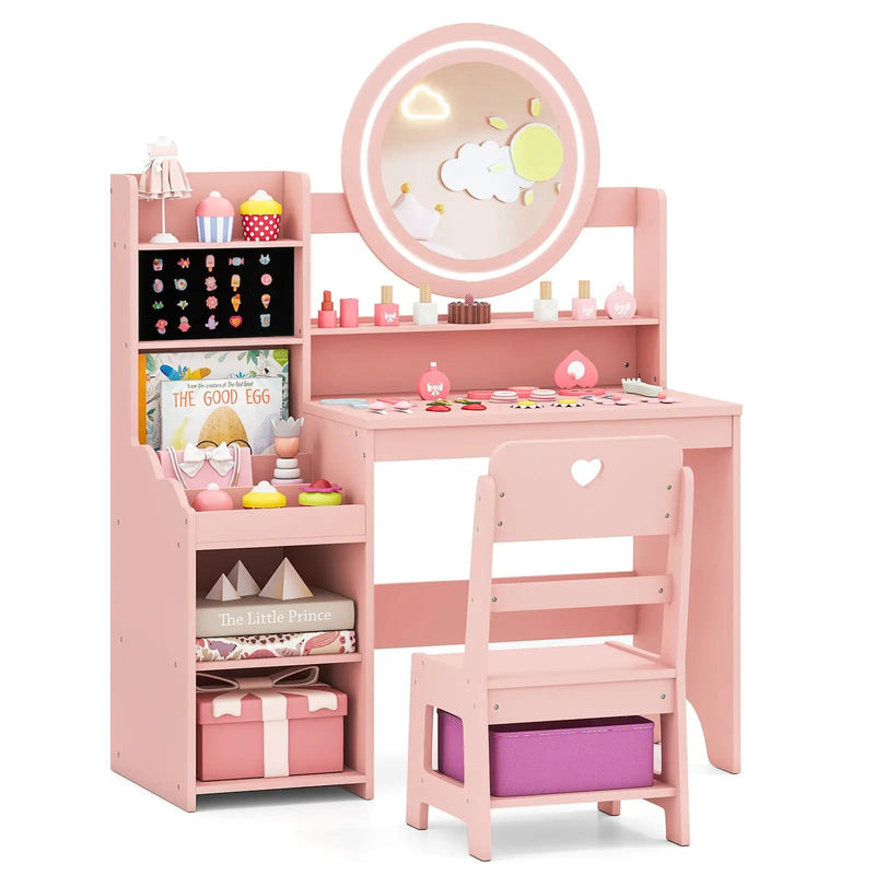 Kids Vanity Desk with Mirror and Lights Princess Pretend Play Dressing Table and Chair Set by DirectDeals