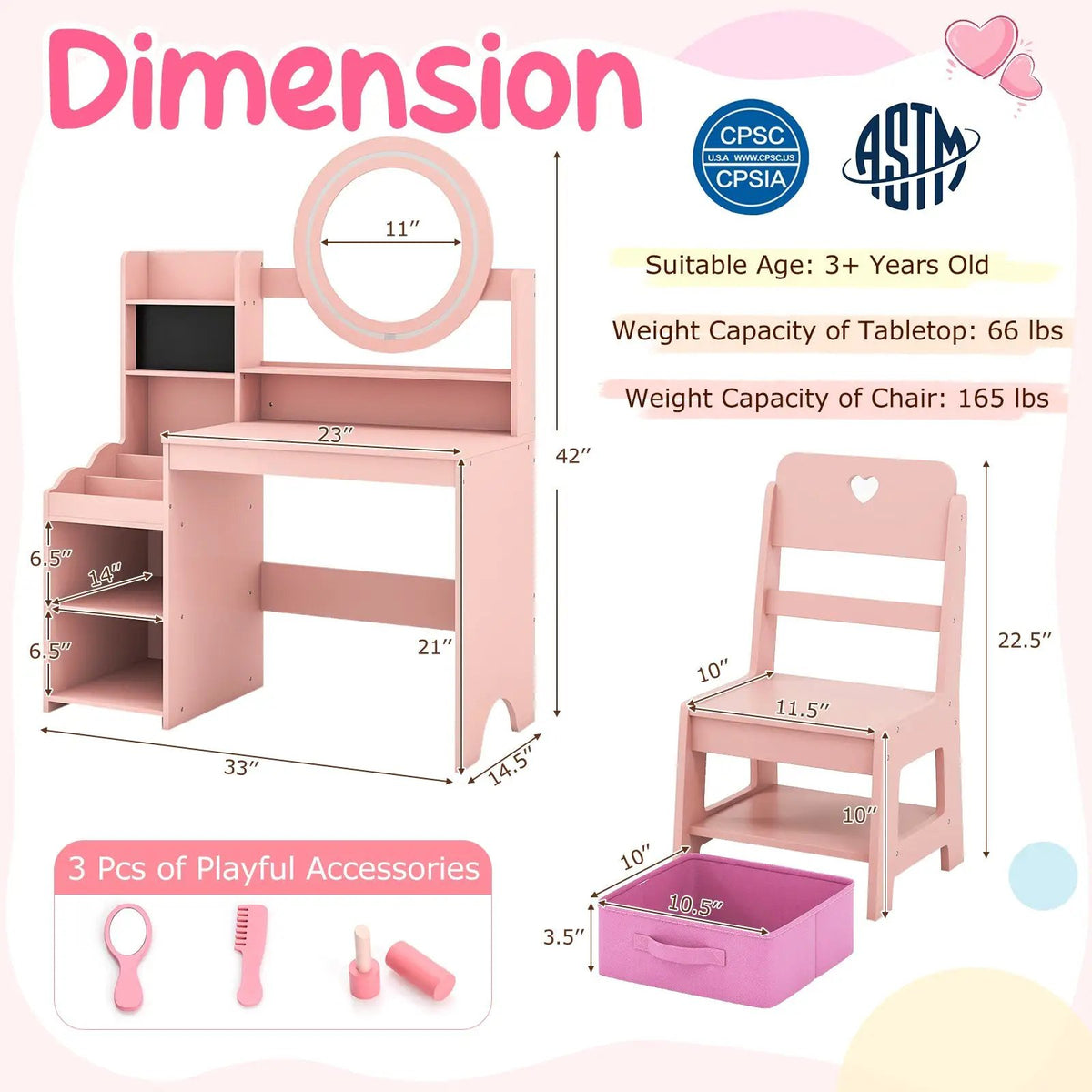 Kids Vanity Desk with Mirror and Lights Princess Pretend Play Dressing Table and Chair Set by DirectDeals