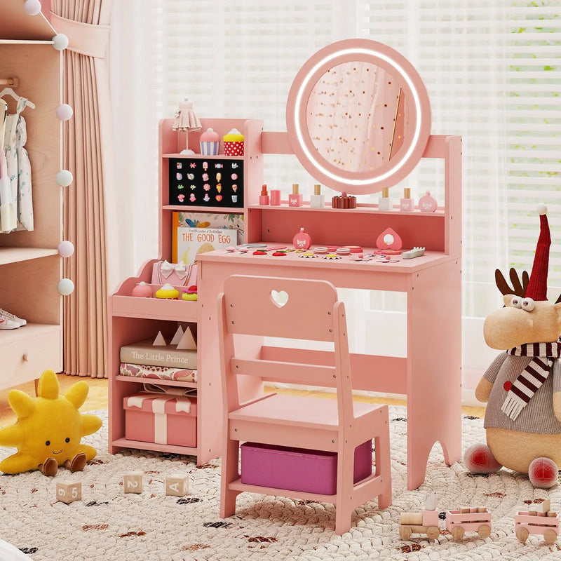 Kids Vanity Desk with Mirror and Lights Princess Pretend Play Dressing Table and Chair Set by DirectDeals