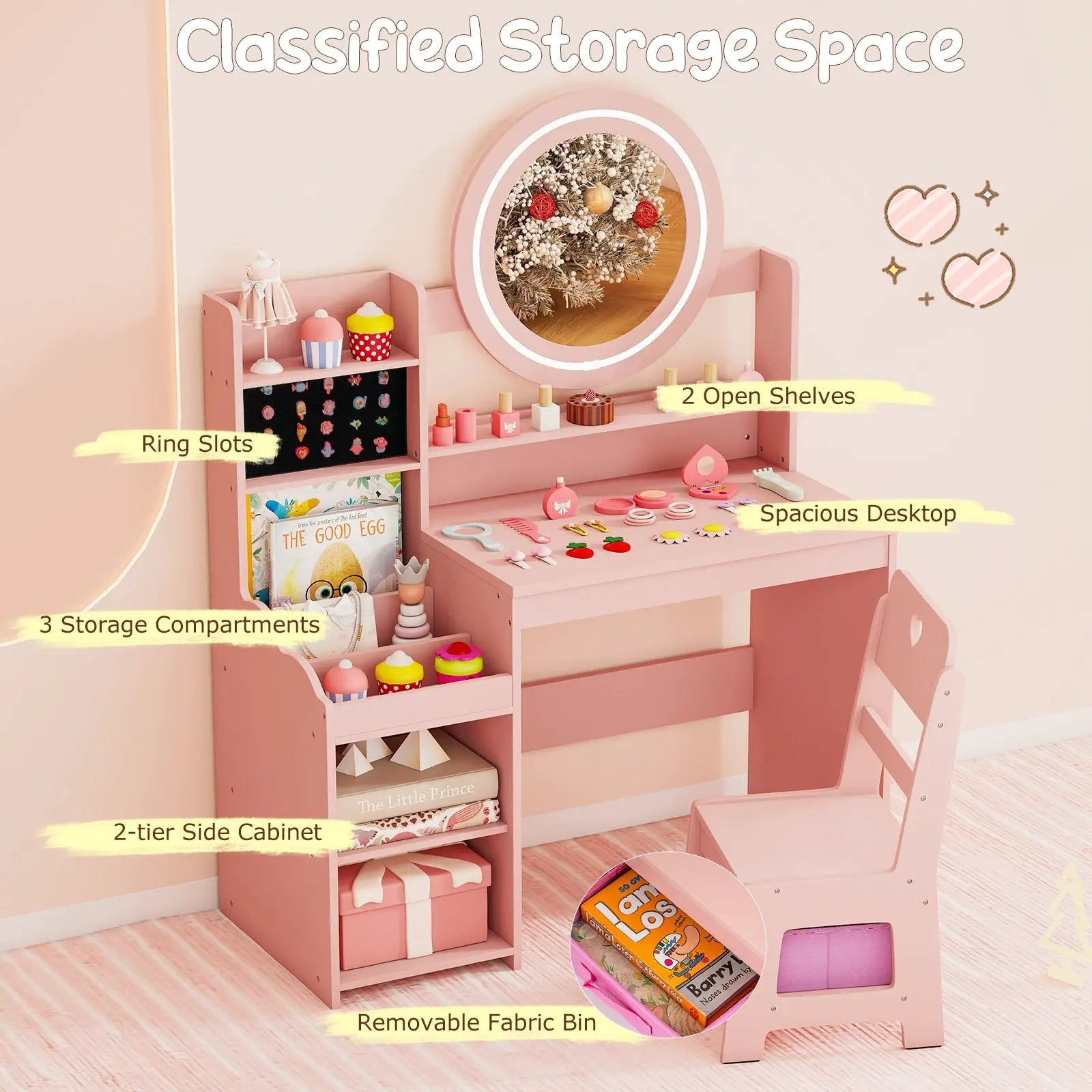 Kids Vanity Desk with Mirror and Lights Princess Pretend Play Dressing Table and Chair Set by DirectDeals