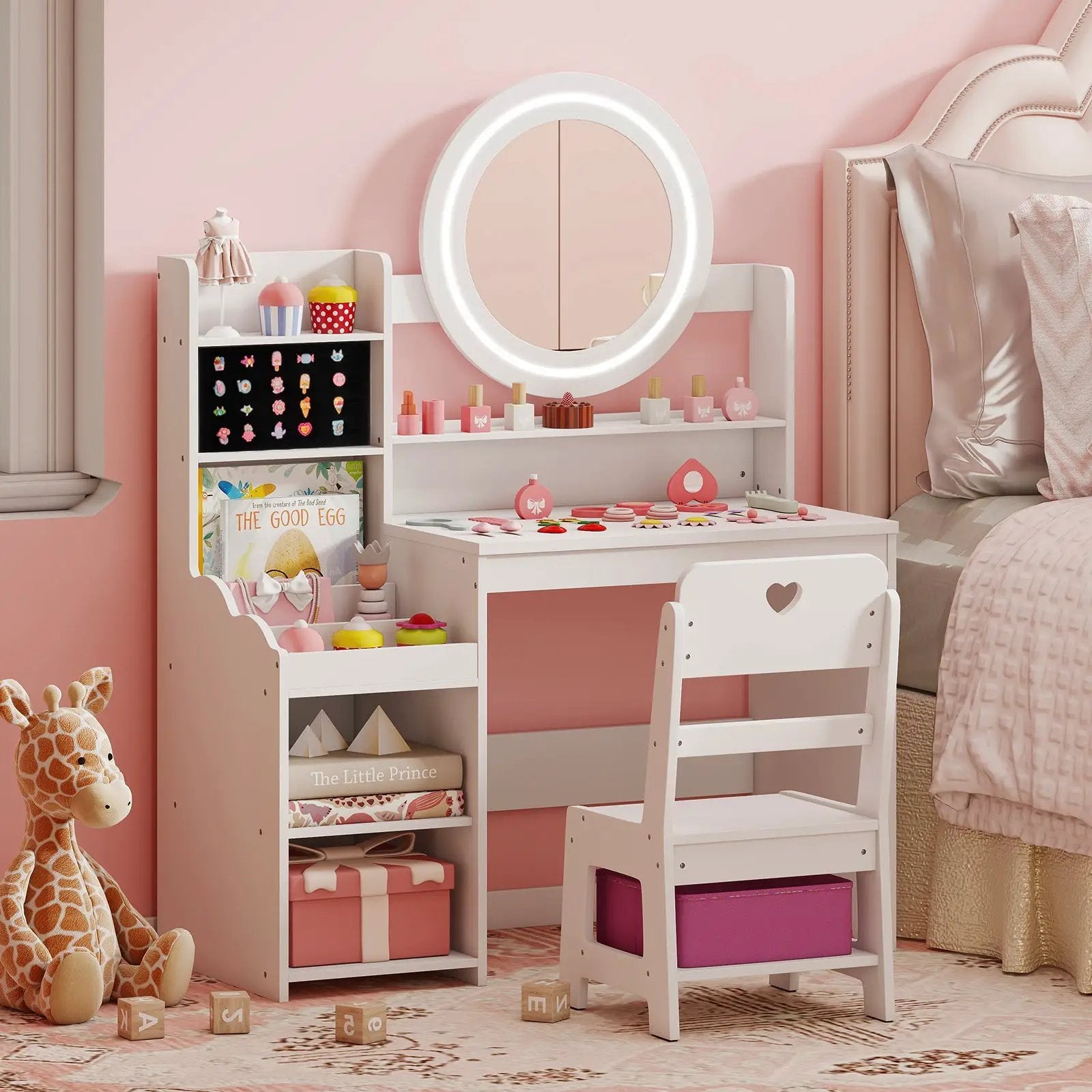 Kids Vanity Desk with Mirror and Lights Princess Pretend Play Dressing Table and Chair Set by DirectDeals