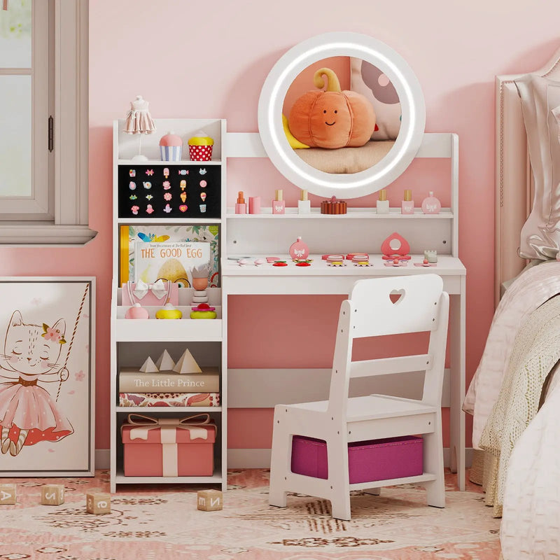 Kids Vanity Desk with Mirror and Lights Princess Pretend Play Dressing Table and Chair Set by DirectDeals