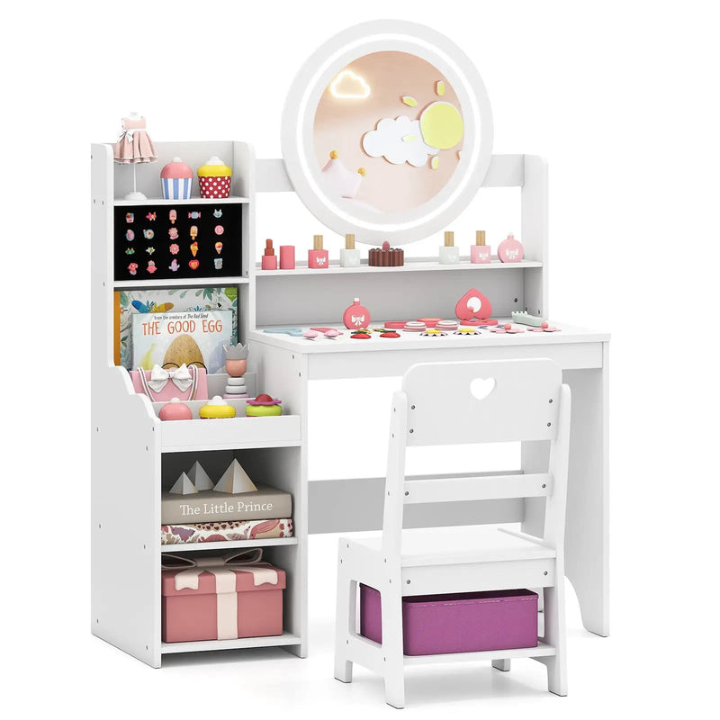 Kids Vanity Desk with Mirror and Lights Princess Pretend Play Dressing Table and Chair Set by DirectDeals
