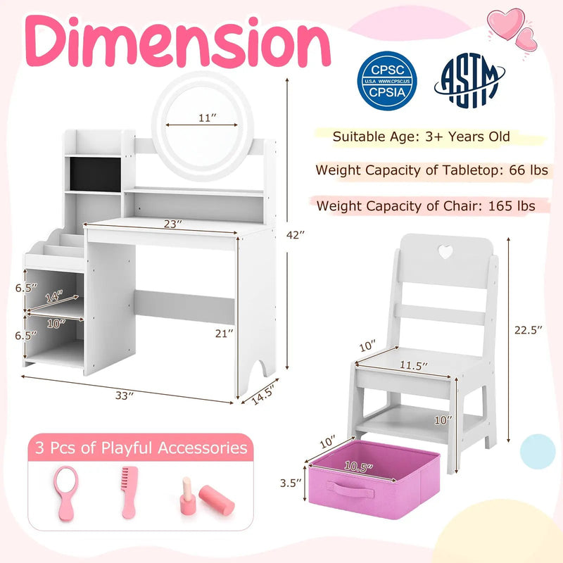Kids Vanity Desk with Mirror and Lights Princess Pretend Play Dressing Table and Chair Set by DirectDeals