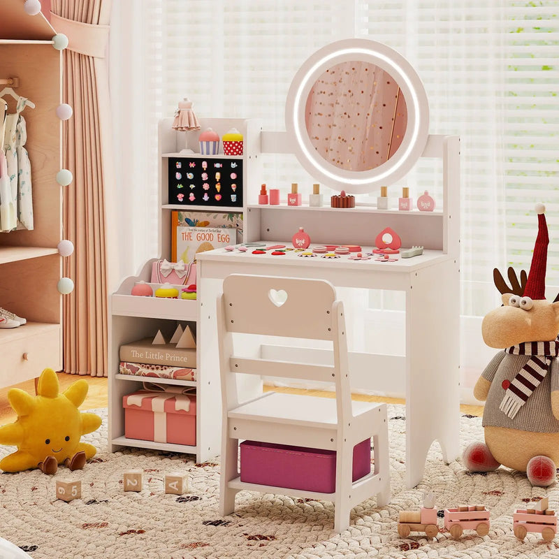 Kids Vanity Desk with Mirror and Lights Princess Pretend Play Dressing Table and Chair Set by DirectDeals