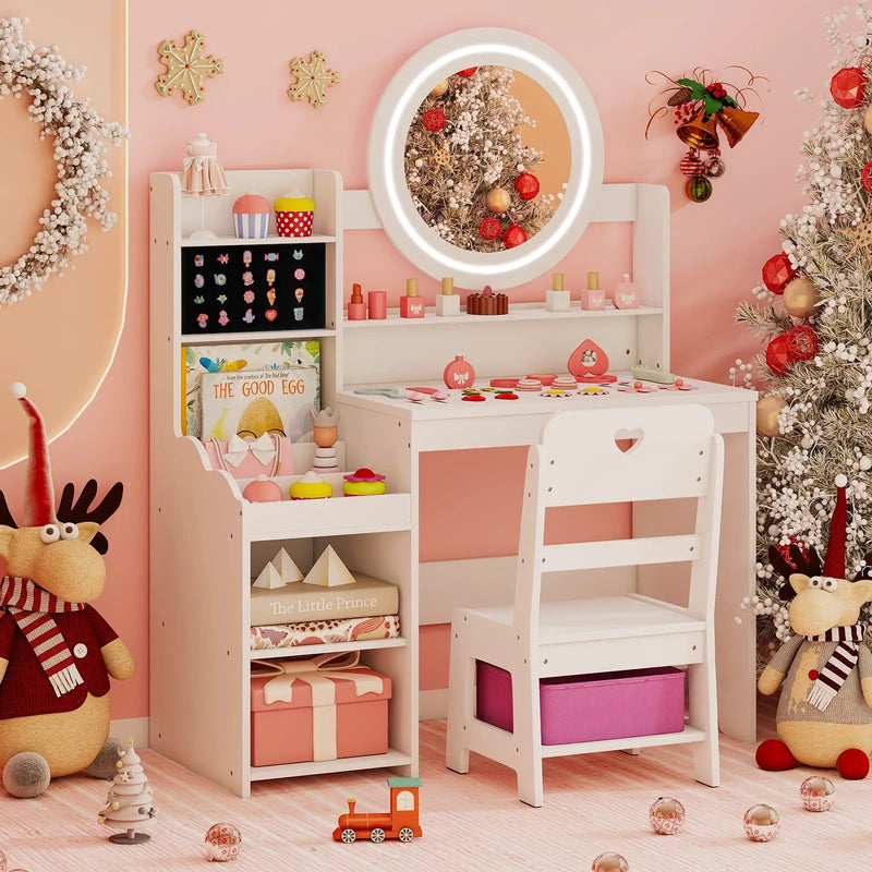 Kids Vanity Desk with Mirror and Lights Princess Pretend Play Dressing Table and Chair Set by DirectDeals