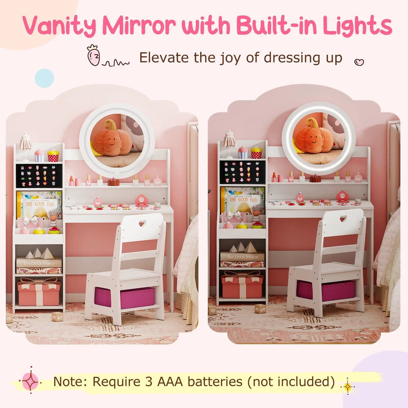 Kids Vanity Desk with Mirror and Lights Princess Pretend Play Dressing Table and Chair Set by DirectDeals