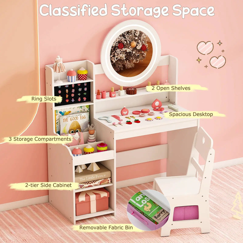 Kids Vanity Desk with Mirror and Lights Princess Pretend Play Dressing Table and Chair Set by DirectDeals