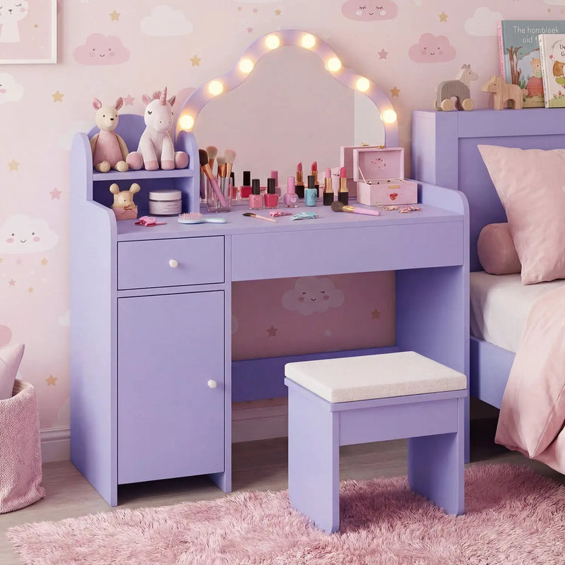 Kids Vanity Desk with Mirror and Lights Princess Pretend Play Dressing Table-Purple by DirectDeals