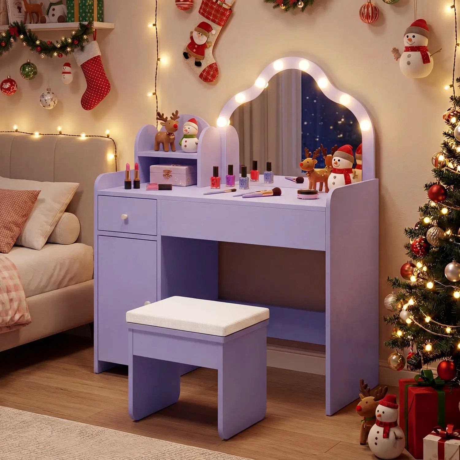 Kids Vanity Desk with Mirror and Lights Princess Pretend Play Dressing Table-Purple by DirectDeals