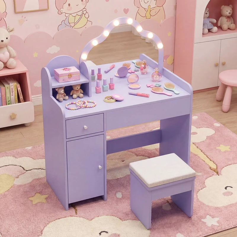 Kids Vanity Desk with Mirror and Lights Princess Pretend Play Dressing Table-Purple by DirectDeals