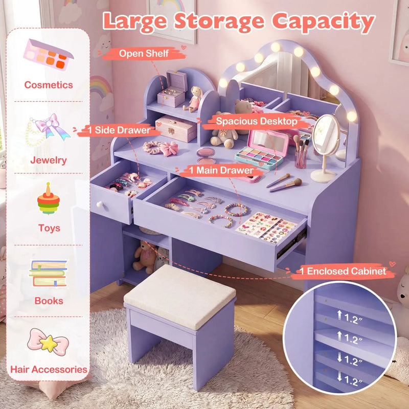Kids Vanity Desk with Mirror and Lights Princess Pretend Play Dressing Table-Purple by DirectDeals