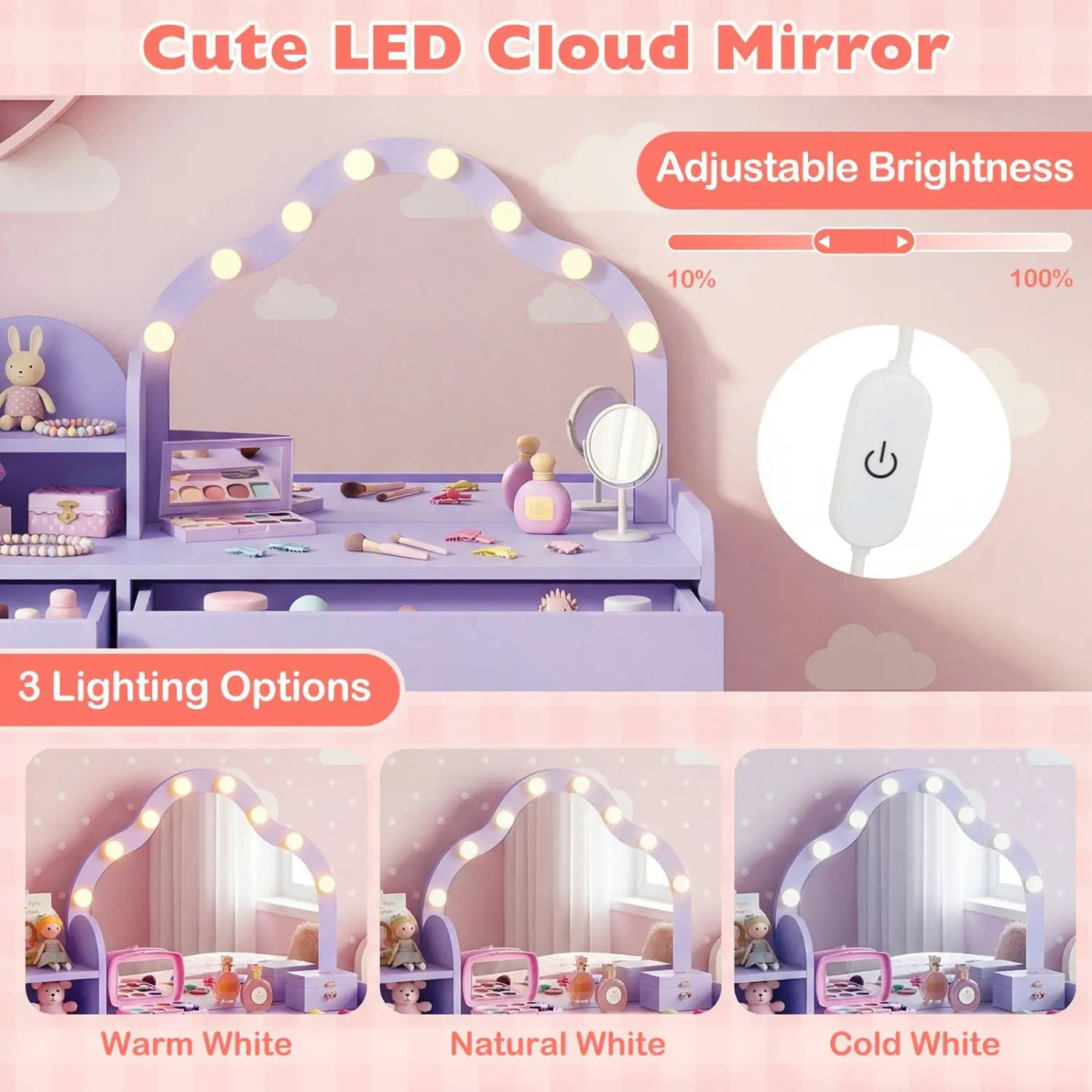 Kids Vanity Desk with Mirror and Lights Princess Pretend Play Dressing Table-Purple by DirectDeals