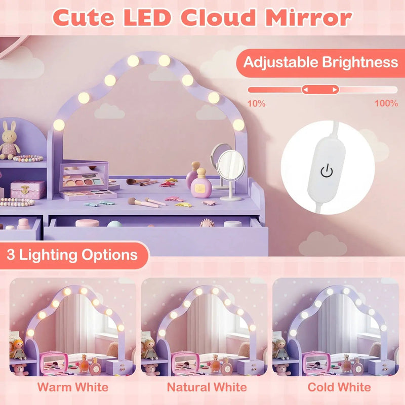 Kids Vanity Desk with Mirror and Lights Princess Pretend Play Dressing Table-Purple by DirectDeals