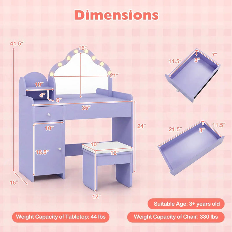 Kids Vanity Desk with Mirror and Lights Princess Pretend Play Dressing Table-Purple by DirectDeals