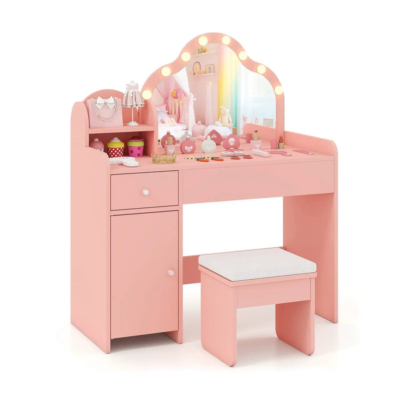 Kids Vanity Desk with Mirror and Lights Princess Pretend Play Dressing Table-Purple by DirectDeals