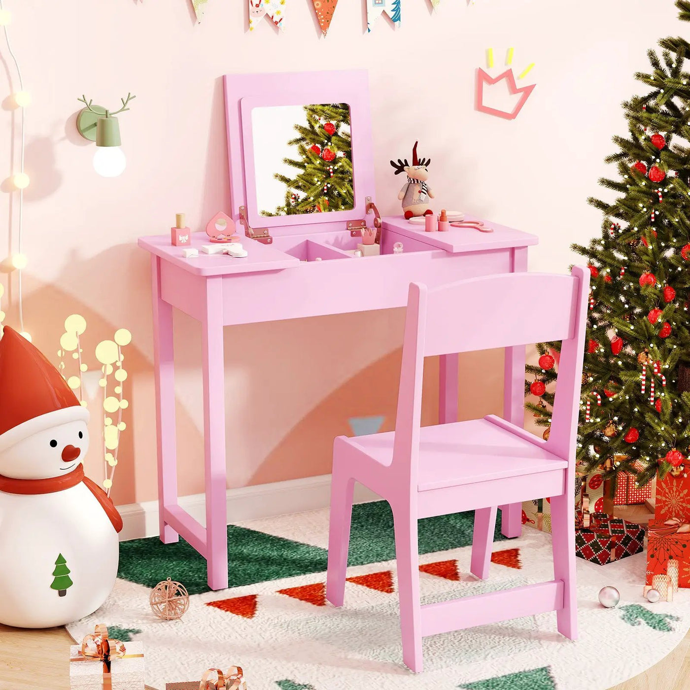 2-in-1 Kids Vanity Makeup Table and Chair Set with Flip Top Mirror by DirectDeals