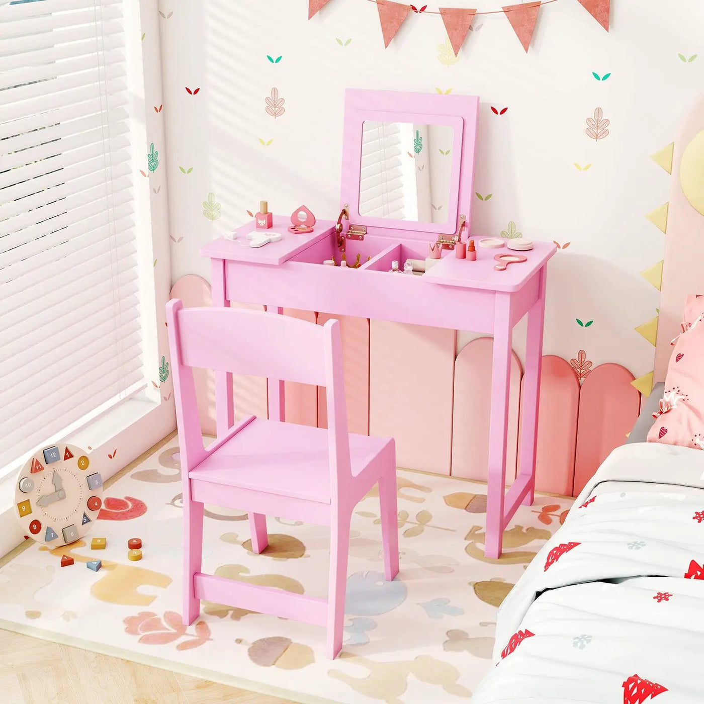2-in-1 Kids Vanity Makeup Table and Chair Set with Flip Top Mirror by DirectDeals
