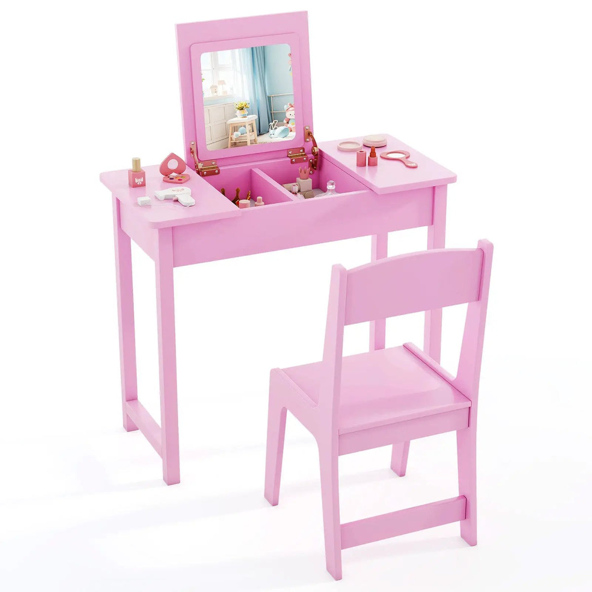 2-in-1 Kids Vanity Makeup Table and Chair Set with Flip Top Mirror by DirectDeals