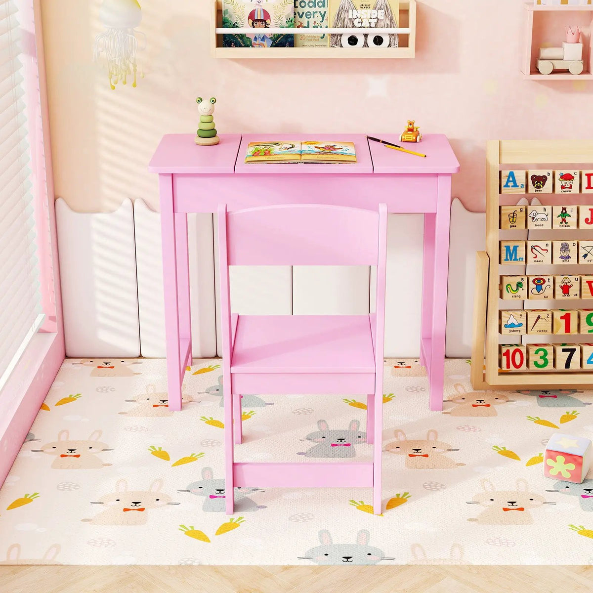 2-in-1 Kids Vanity Makeup Table and Chair Set with Flip Top Mirror by DirectDeals