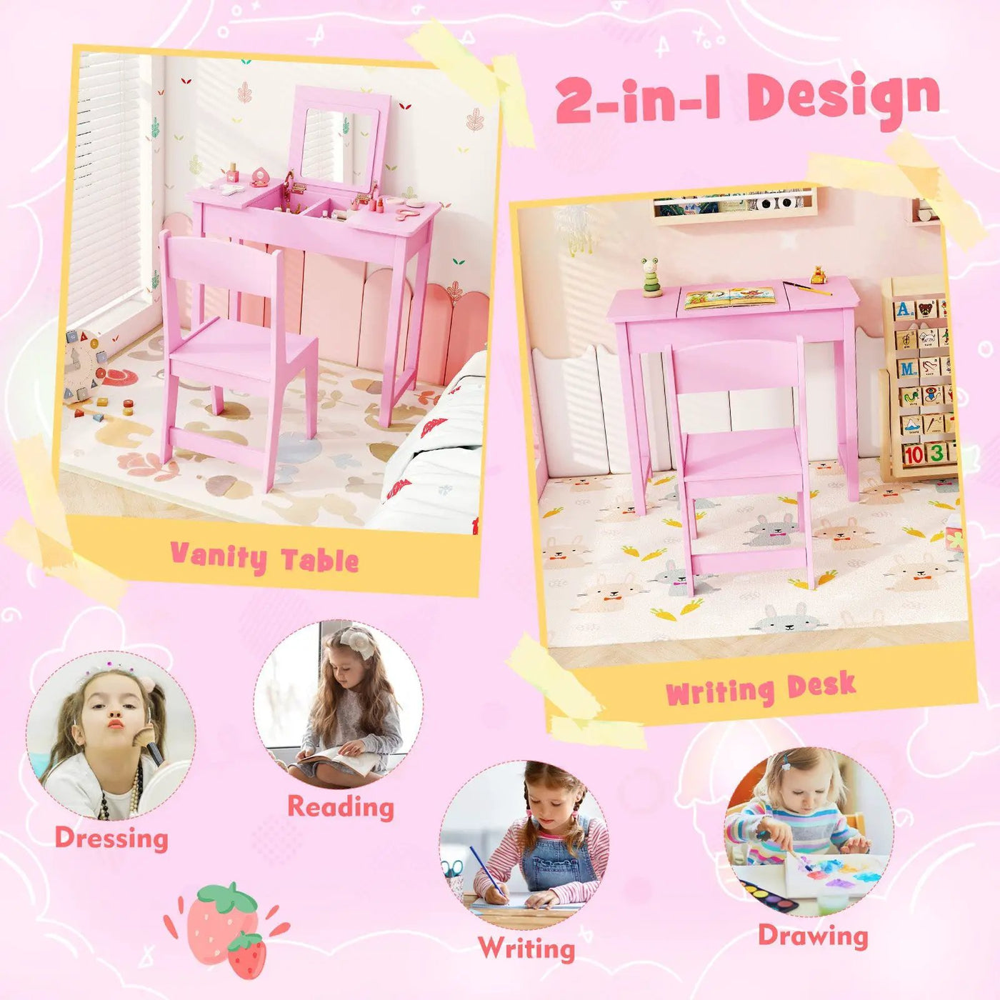 2-in-1 Kids Vanity Makeup Table and Chair Set with Flip Top Mirror by DirectDeals