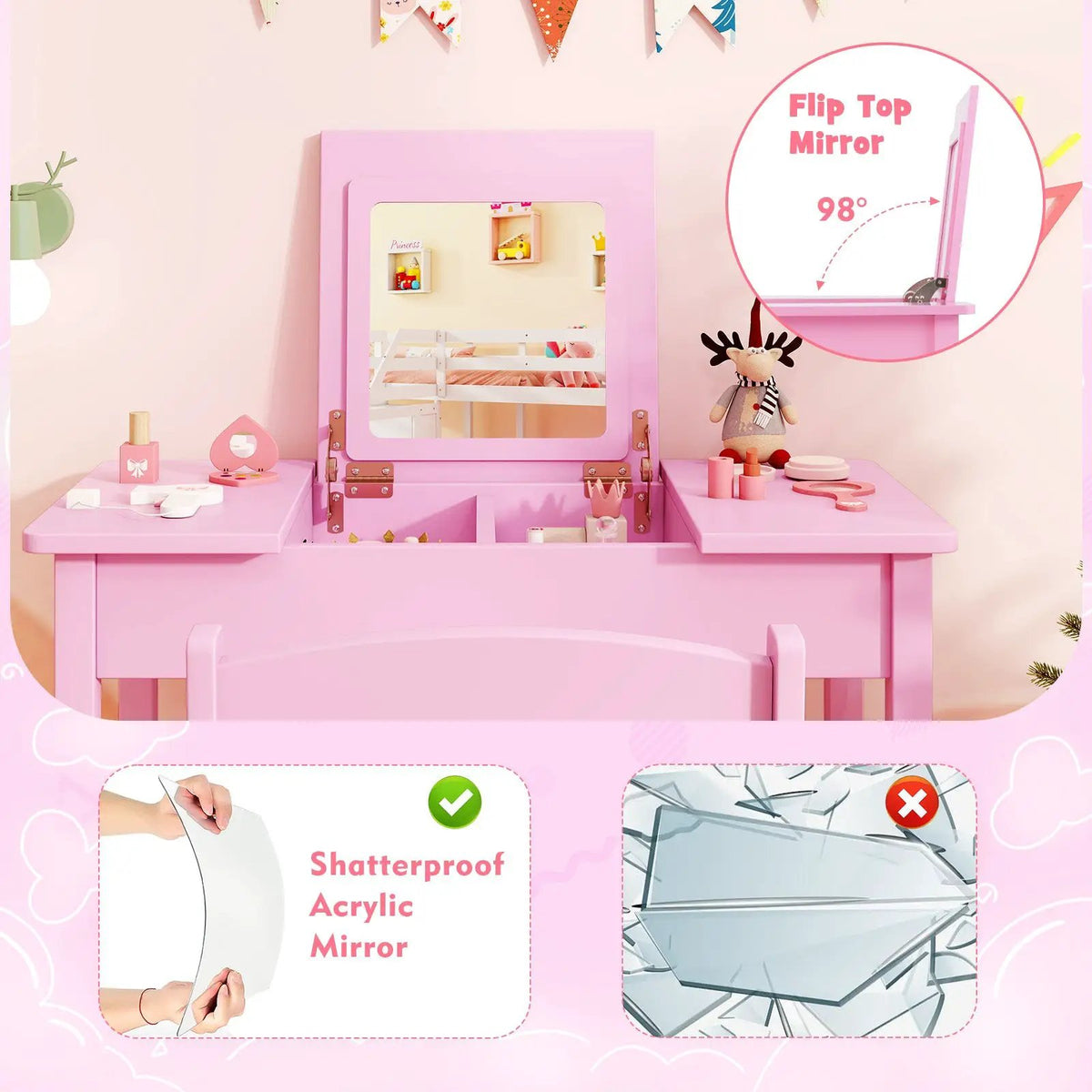 2-in-1 Kids Vanity Makeup Table and Chair Set with Flip Top Mirror by DirectDeals