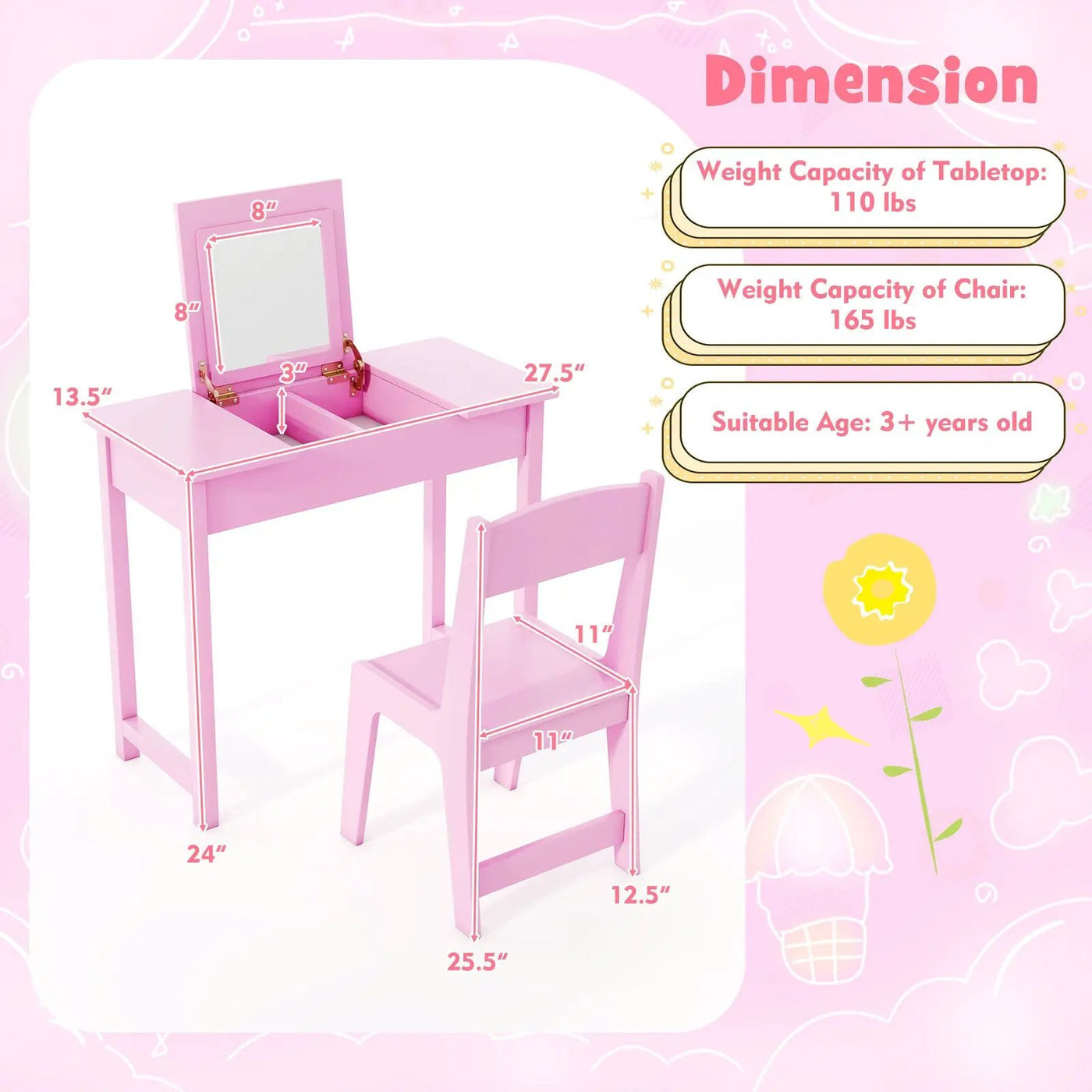 2-in-1 Kids Vanity Makeup Table and Chair Set with Flip Top Mirror by DirectDeals