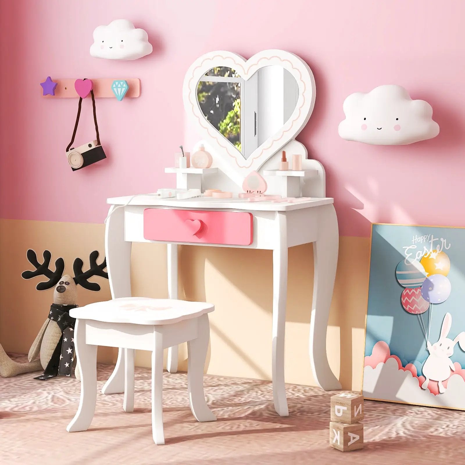 Kids Vanity Set with Heart-shaped Mirror-White by DirectDeals