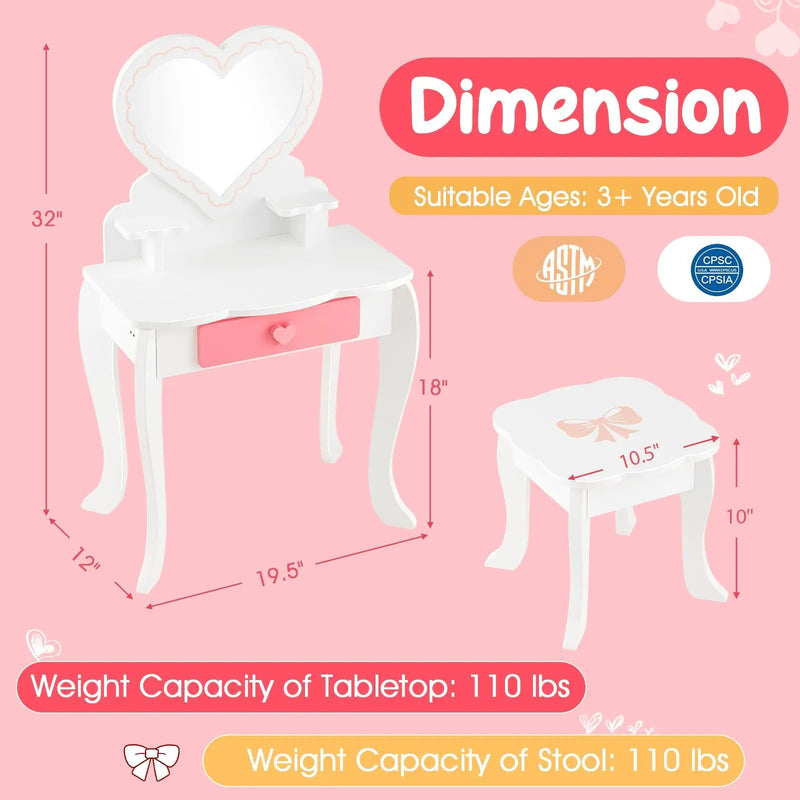 Kids Vanity Set with Heart-shaped Mirror-White by DirectDeals
