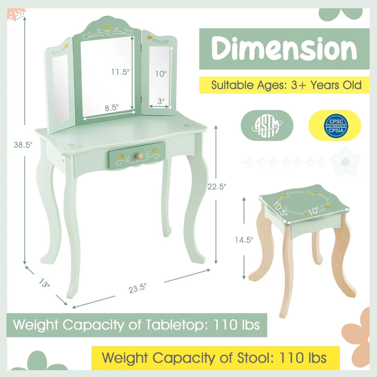 Kids Vanity Set with Tri-folding Mirror by DirectDeals