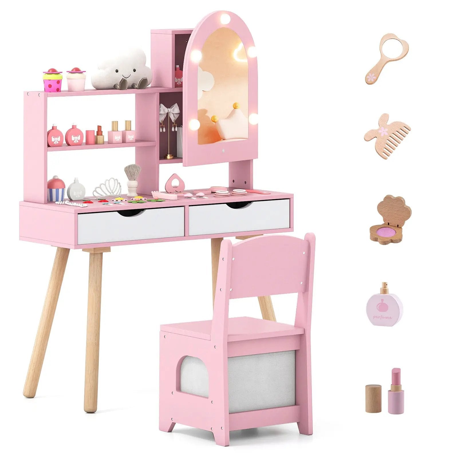 Kids Vanity Set Pretend Play Dressing Table Set with 3-Color Lighting Modes Adjustable Brightness and Mirror Cabinet by DirectDeals