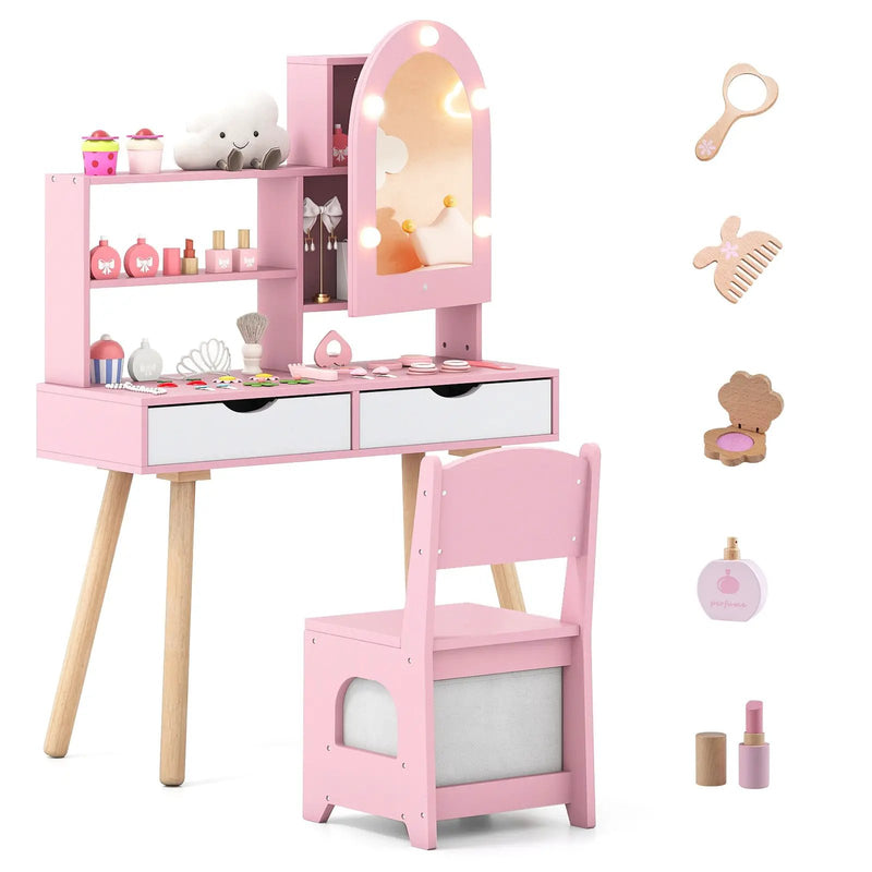 Kids Vanity Set Pretend Play Dressing Table Set with 3-Color Lighting Modes Adjustable Brightness and Mirror Cabinet by DirectDeals