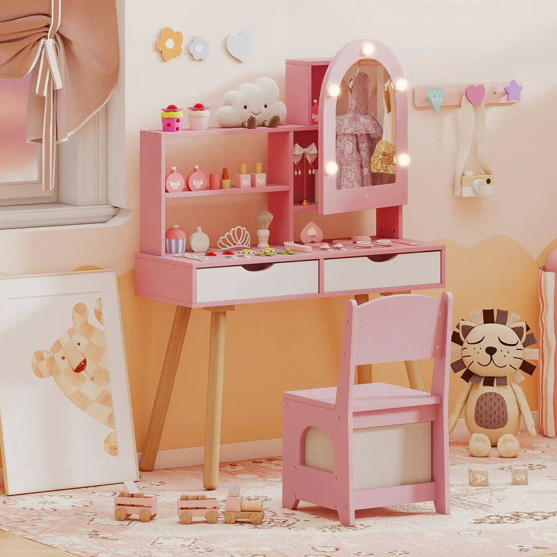 Kids Vanity Set Pretend Play Dressing Table Set with 3-Color Lighting Modes Adjustable Brightness and Mirror Cabinet by DirectDeals