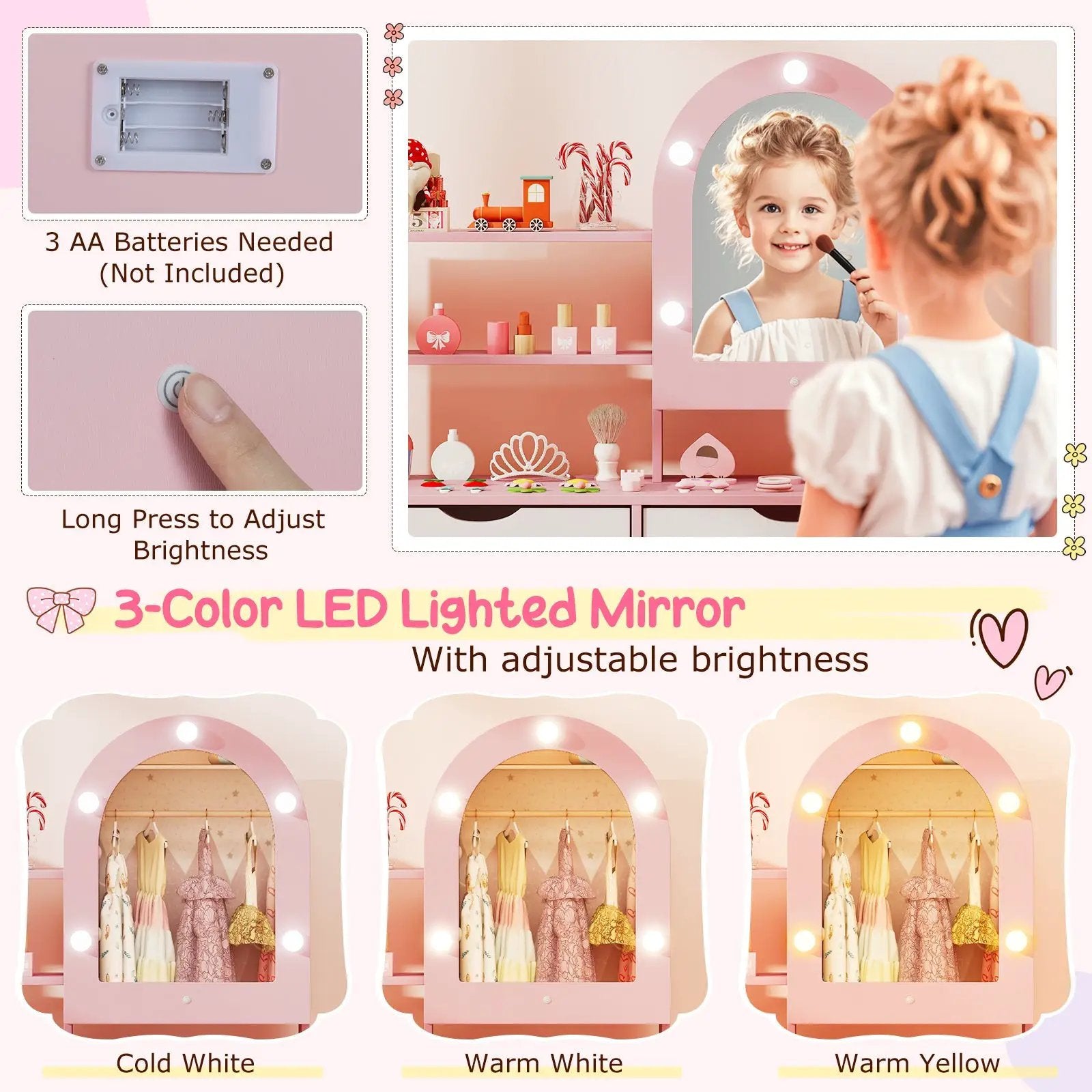 Kids Vanity Set Pretend Play Dressing Table Set with 3-Color Lighting Modes Adjustable Brightness and Mirror Cabinet by DirectDeals