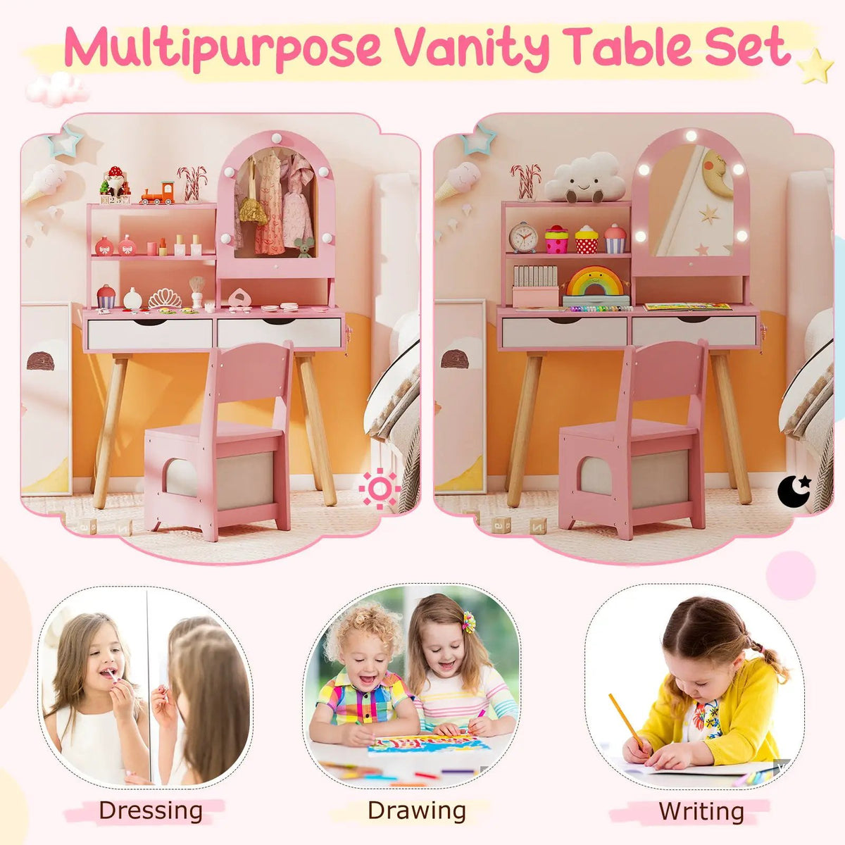 Kids Vanity Set Pretend Play Dressing Table Set with 3-Color Lighting Modes Adjustable Brightness and Mirror Cabinet by DirectDeals