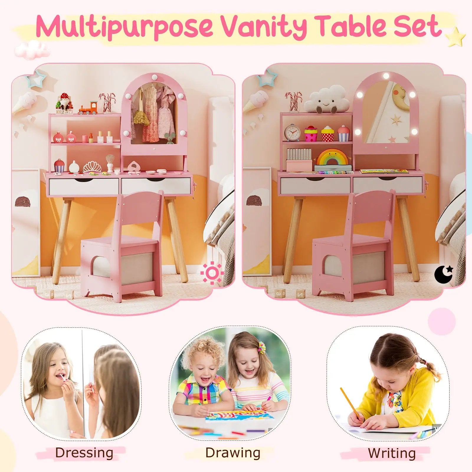 Kids Vanity Set Pretend Play Dressing Table Set with 3-Color Lighting Modes Adjustable Brightness and Mirror Cabinet by DirectDeals