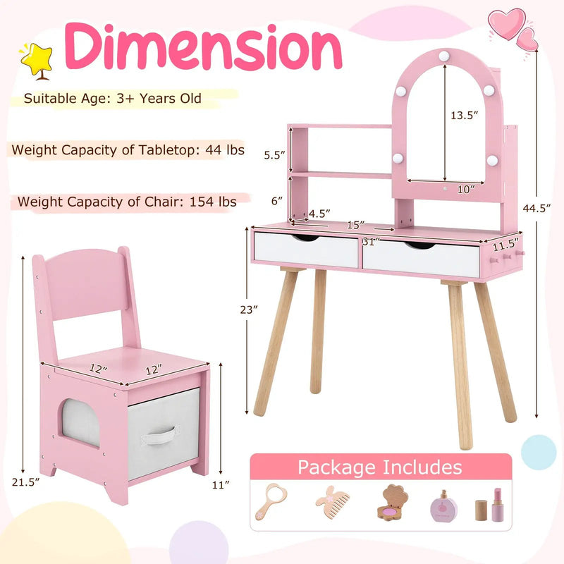 Kids Vanity Set Pretend Play Dressing Table Set with 3-Color Lighting Modes Adjustable Brightness and Mirror Cabinet by DirectDeals