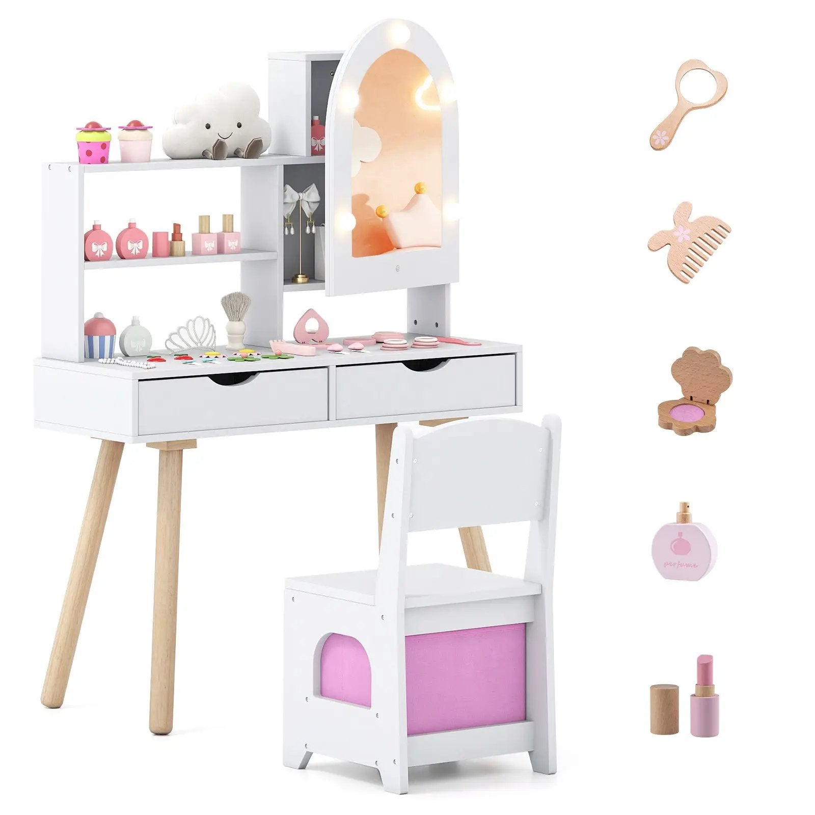 Kids Vanity Set Pretend Play Dressing Table Set with 3-Color Lighting Modes Adjustable Brightness and Mirror Cabinet by DirectDeals