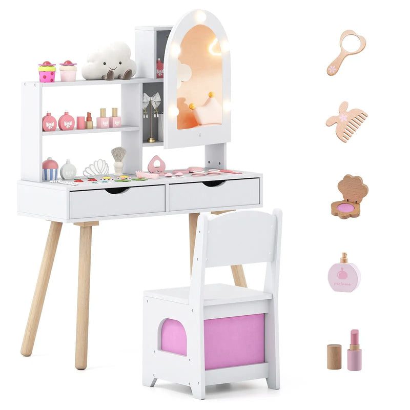 Kids Vanity Set Pretend Play Dressing Table Set with 3-Color Lighting Modes Adjustable Brightness and Mirror Cabinet by DirectDeals